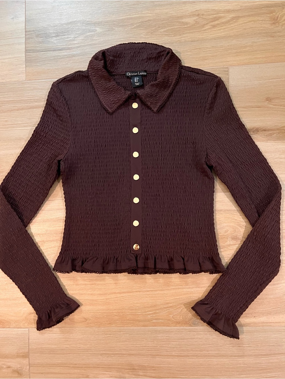 Christian Lacroix Brown Smocked Stretch Top Ruffle Hem Gold Buttons Size Small